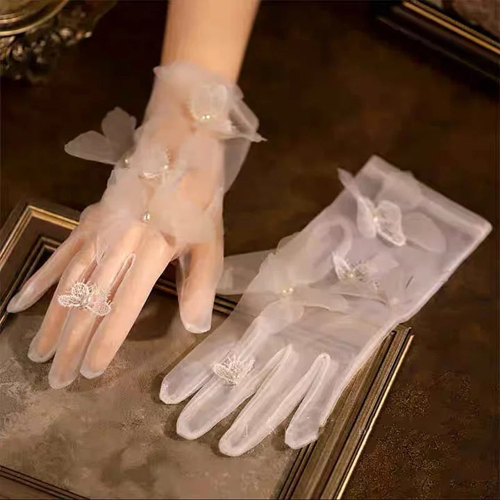 Fairy White Feather Lace Gloves Bride Sweet Dreamy Wedding Accessories