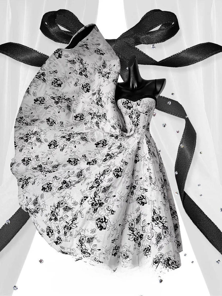 Floral JSK Dress Monochrome Vintage Inspire Sweet Black Classic Lolita Midi Gown for All Seasons Casual