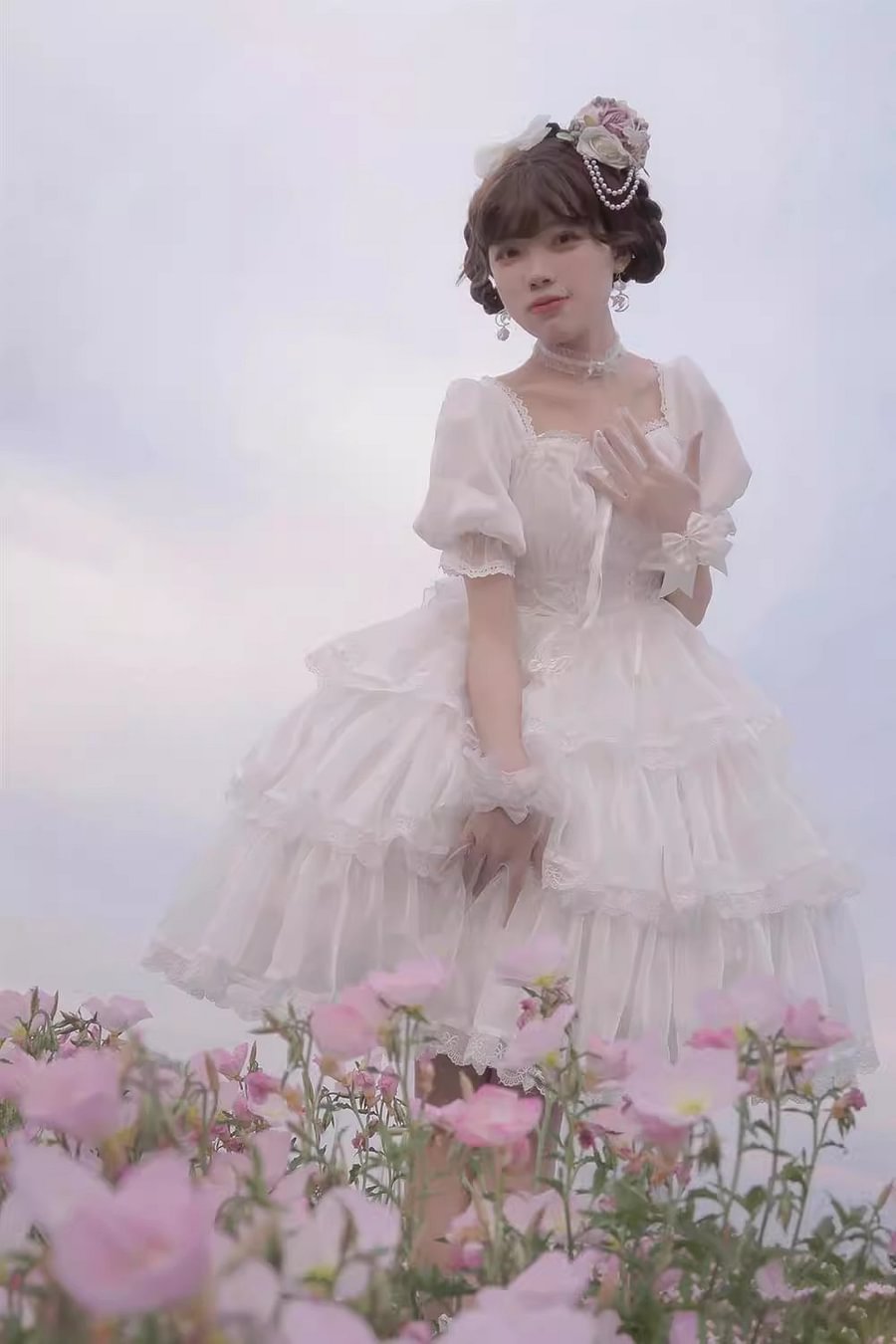 Flower Wedding White OP Dress Spring and Summer Pink and Blue Black Lolita