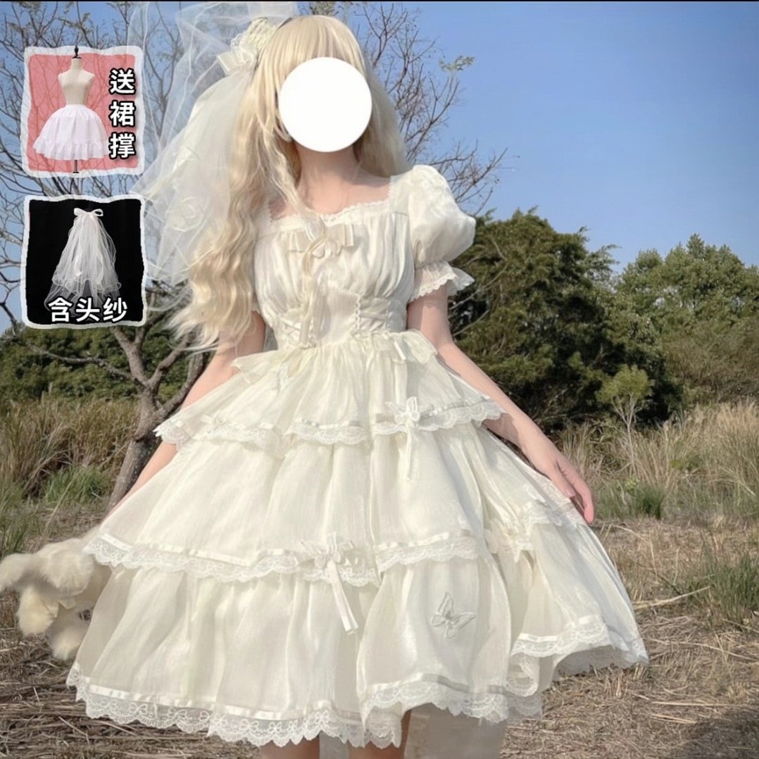 Flower Wedding White OP Dress Spring and Summer Pink and Blue Black Lolita