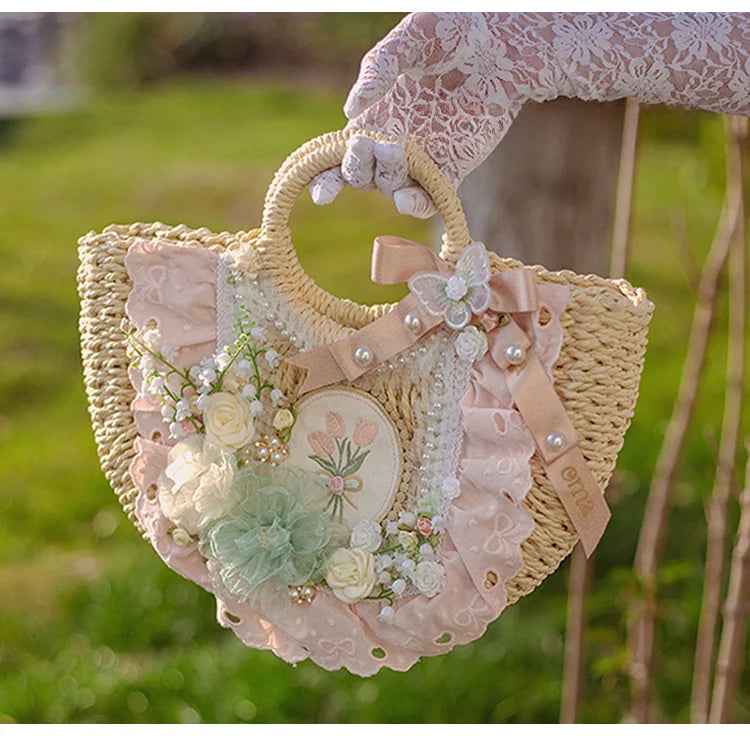 Lolita Bag Four Time Flower Straw Handbag Pastoral Classic