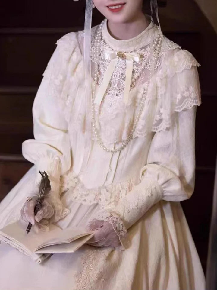 Wedding Lolita French Court Style White Lace Ruffle Dress Long Sleeve Dress