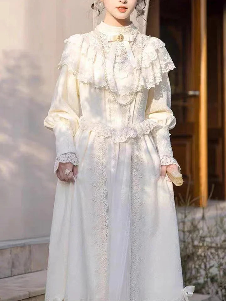 Wedding Lolita French Court Style White Lace Ruffle Dress Long Sleeve Dress