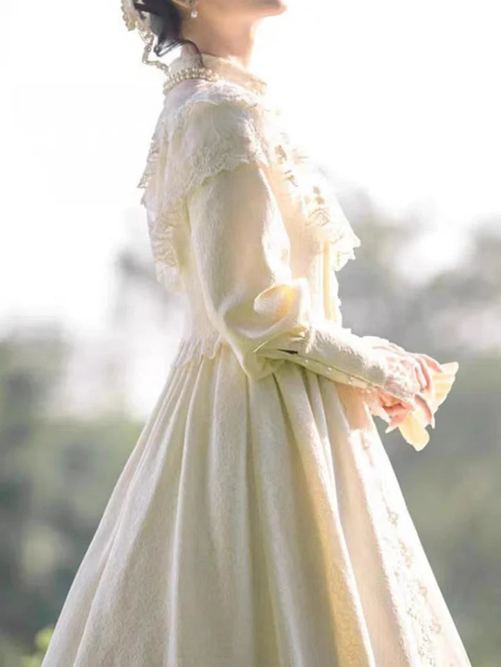 Wedding Lolita French Court Style White Lace Ruffle Dress Long Sleeve Dress