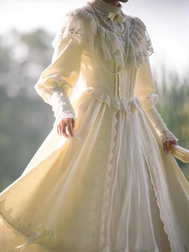 Wedding Lolita French Court Style White Lace Ruffle Dress Long Sleeve Dress