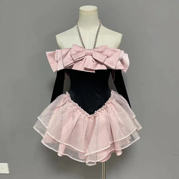 French Lolita Sweet Lolita Pink Off Shoulder Apricot Diamond Bow Princess Dress Sweet Lolita Short Prom Dress