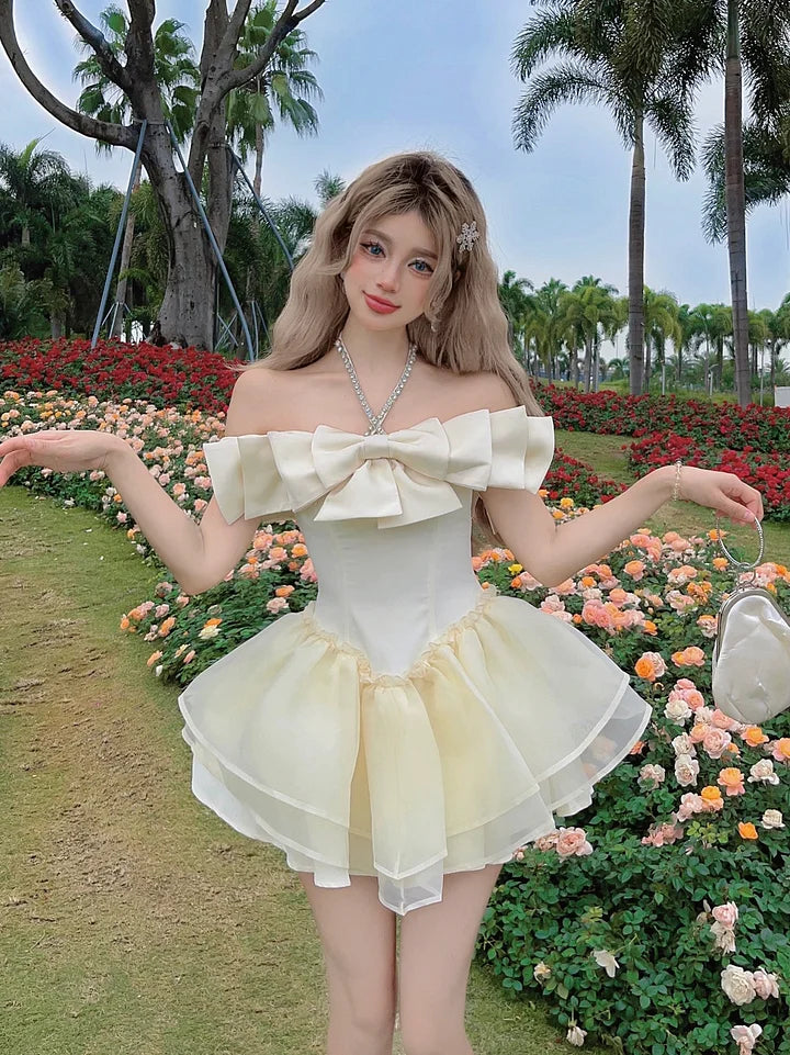 French Lolita Sweet Lolita Pink Off Shoulder Apricot Diamond Bow Princess Dress Sweet Lolita Short Prom Dress