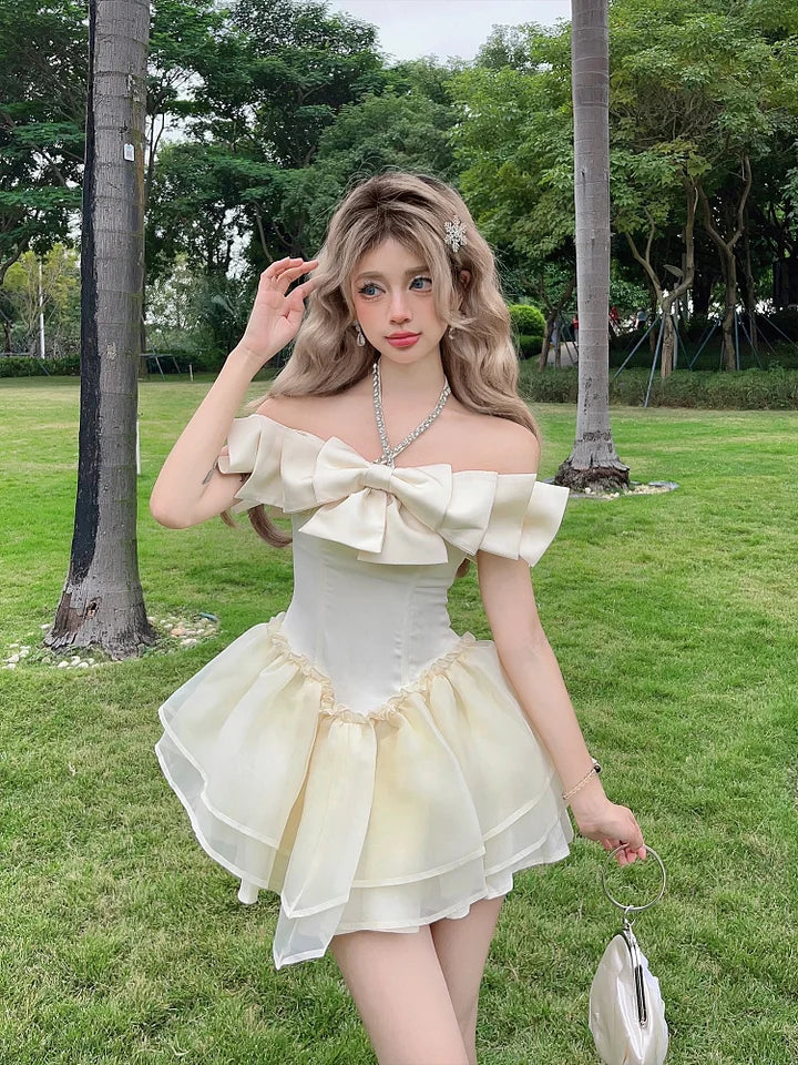 French Lolita Sweet Lolita Pink Off Shoulder Apricot Diamond Bow Princess Dress Sweet Lolita Short Prom Dress