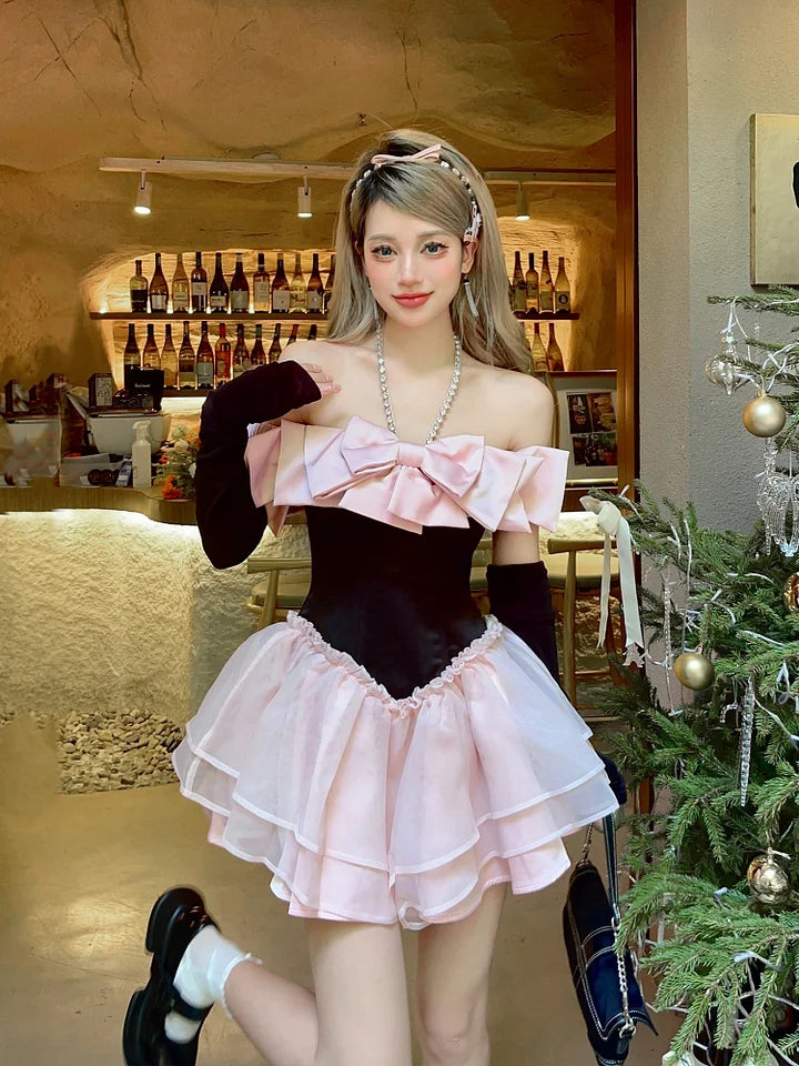 French Lolita Sweet Lolita Pink Off Shoulder Apricot Diamond Bow Princess Dress Sweet Lolita Short Prom Dress