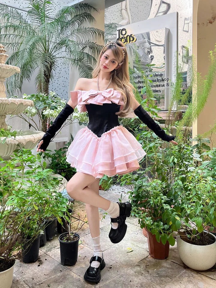 French Lolita Sweet Lolita Pink Off Shoulder Apricot Diamond Bow Princess Dress Sweet Lolita Short Prom Dress