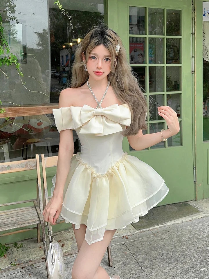 French Lolita Sweet Lolita Pink Off Shoulder Apricot Diamond Bow Princess Dress Sweet Lolita Short Prom Dress