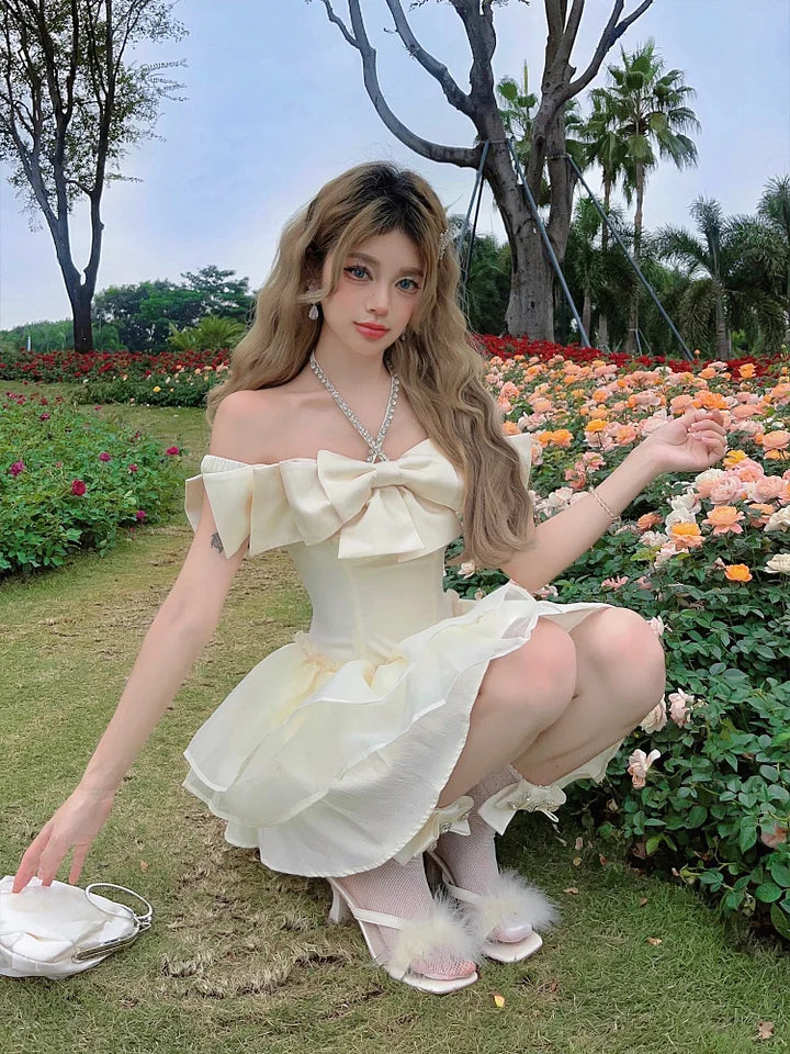 French Lolita Sweet Lolita Pink Off Shoulder Apricot Diamond Bow Princess Dress Sweet Lolita Short Prom Dress