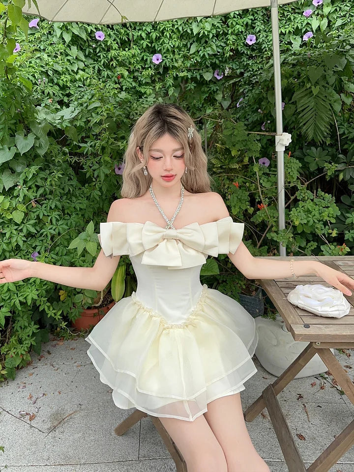 French Lolita Sweet Lolita Pink Off Shoulder Apricot Diamond Bow Princess Dress Sweet Lolita Short Prom Dress
