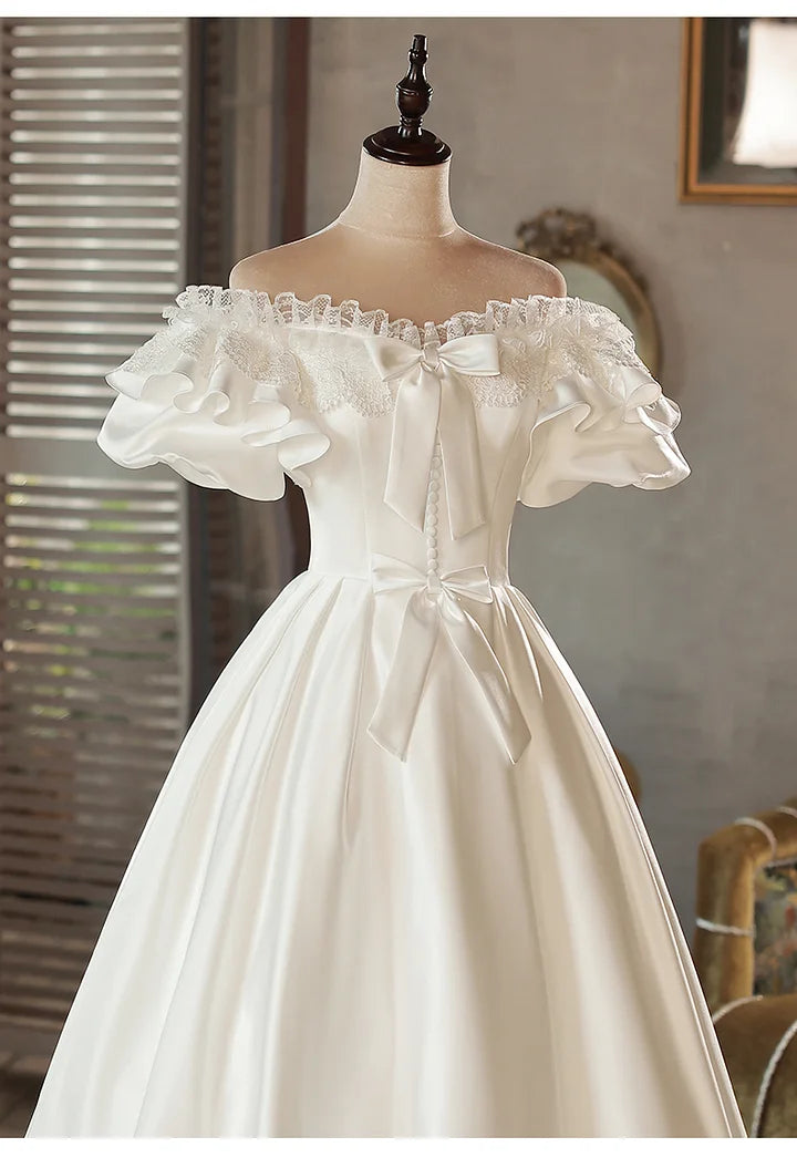 Hime Lolita French Vintage White Satin Wedding Bride Shoulder Sweet Princess Dress