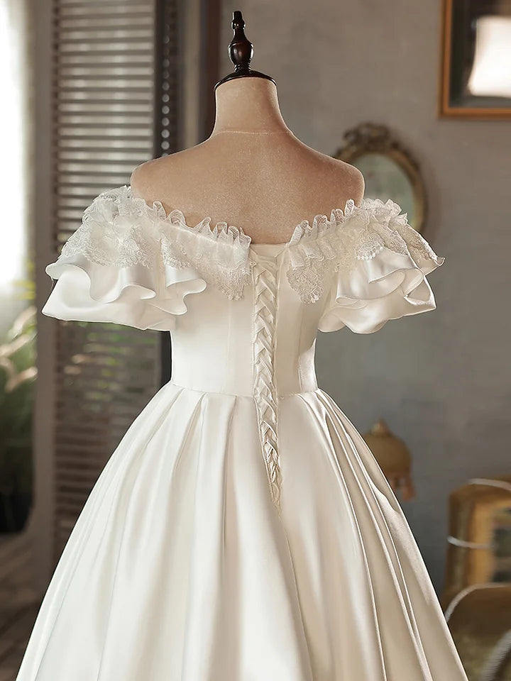 Hime Lolita French Vintage White Satin Wedding Bride Shoulder Sweet Princess Dress