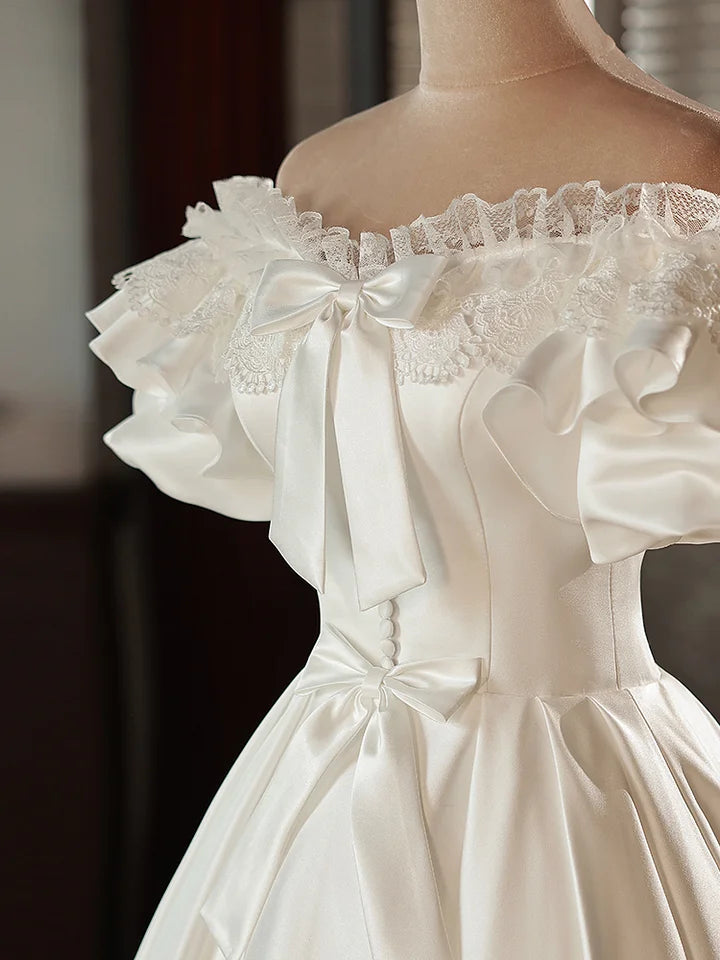 Hime Lolita French Vintage White Satin Wedding Bride Shoulder Sweet Princess Dress