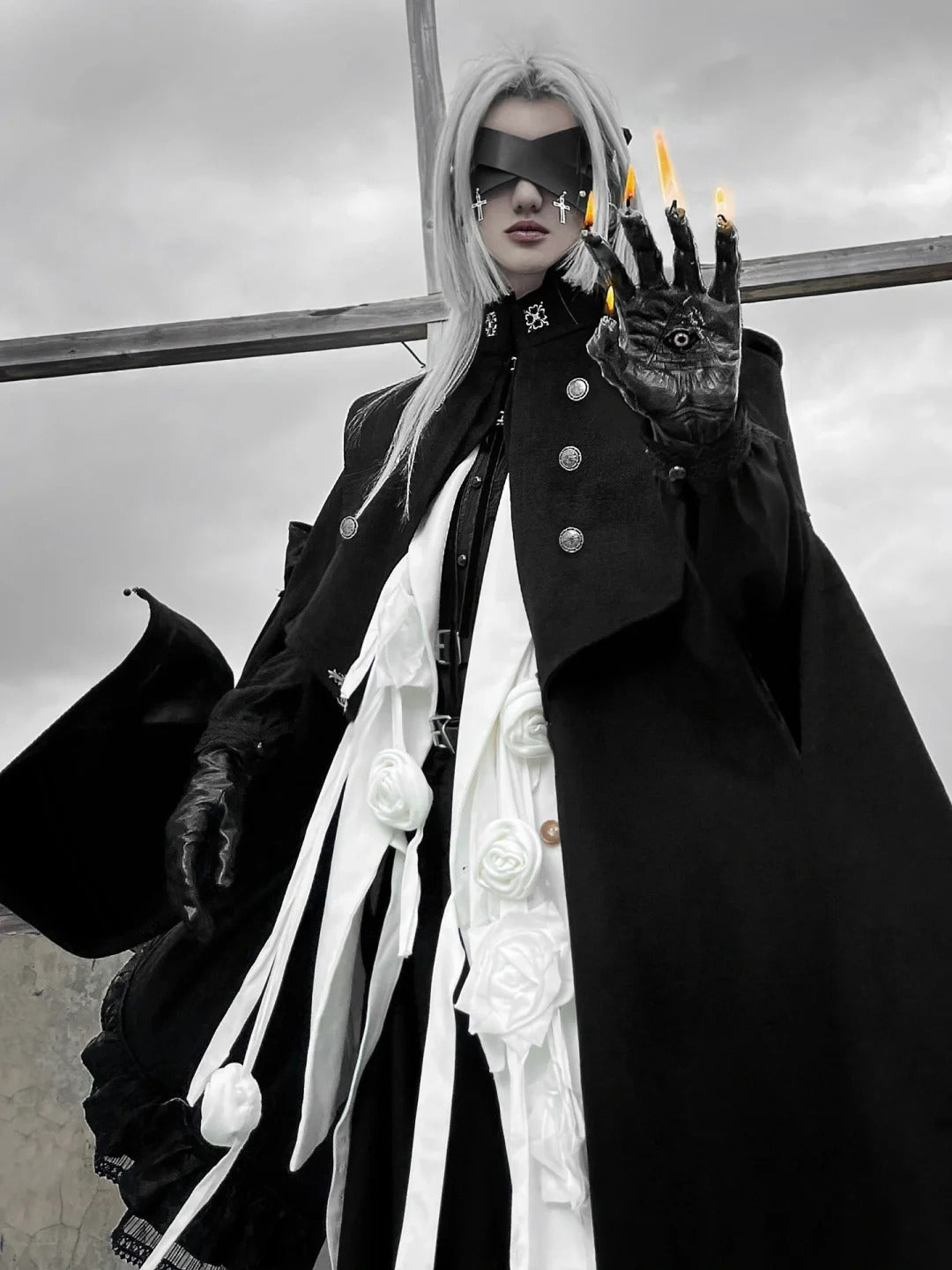 Goth Lolita Cape Coat Black Military Lolita Inspired Cloak with Lace Trim Regal Buttons