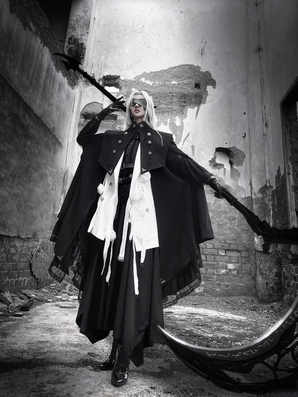 Goth Lolita Cape Coat Black Military Lolita Inspired Cloak with Lace Trim Regal Buttons
