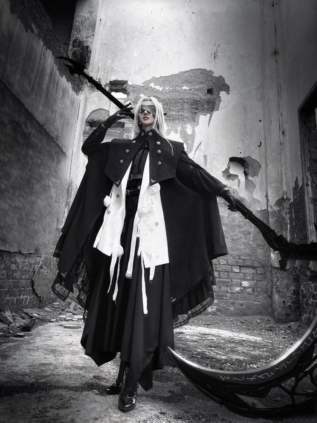 Goth Lolita Cape Coat Black Military Lolita Inspired Cloak with Lace Trim Regal Buttons