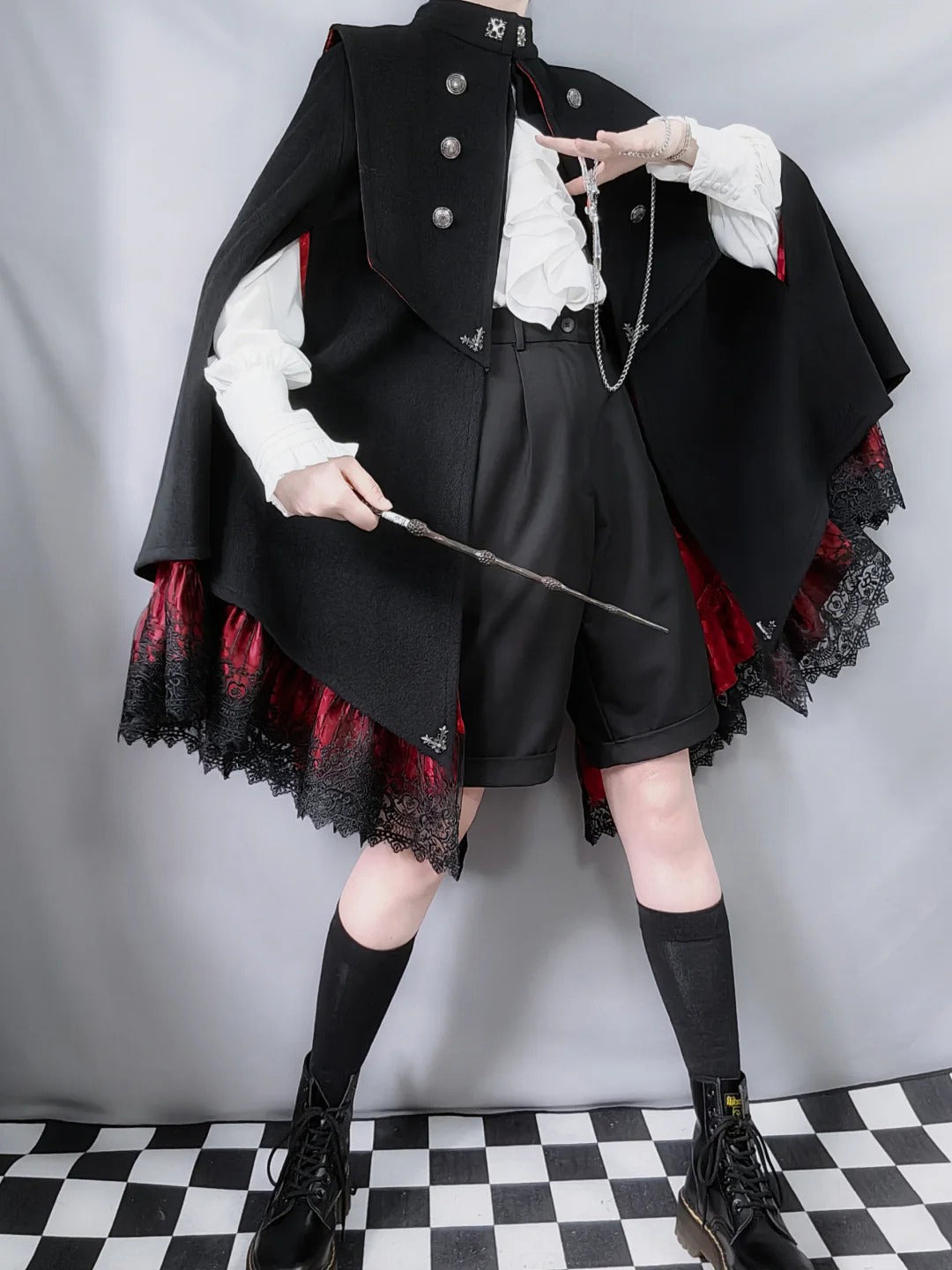 Goth Lolita Cape Coat Black Military Lolita Inspired Cloak with Lace Trim Regal Buttons