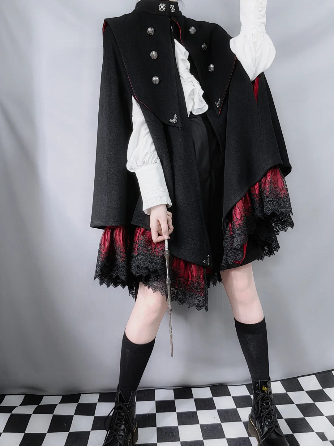 Goth Lolita Cape Coat Black Military Lolita Inspired Cloak with Lace Trim Regal Buttons