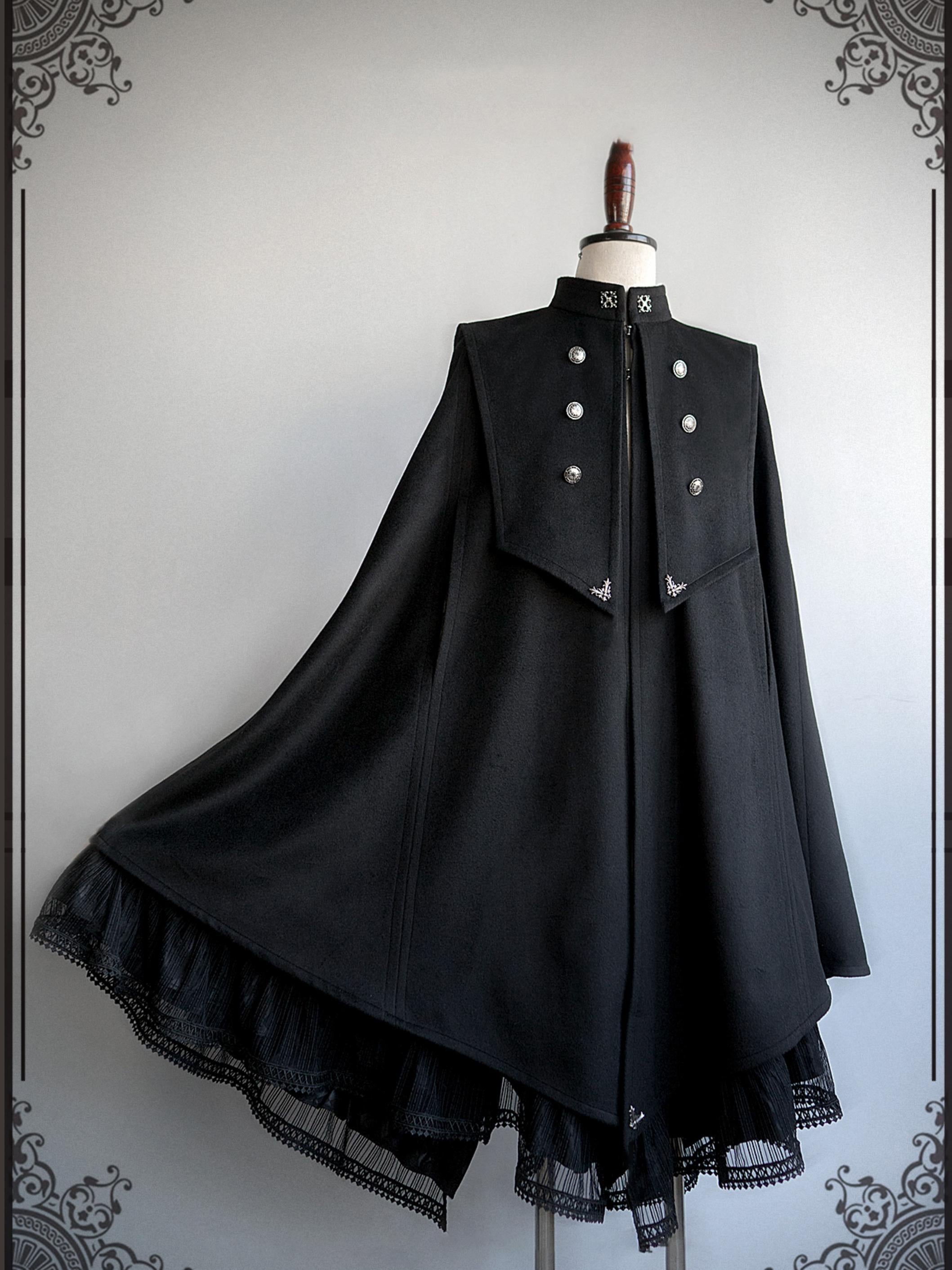Goth Lolita Cape Coat Black Military Lolita Inspired Cloak with Lace Trim Regal Buttons