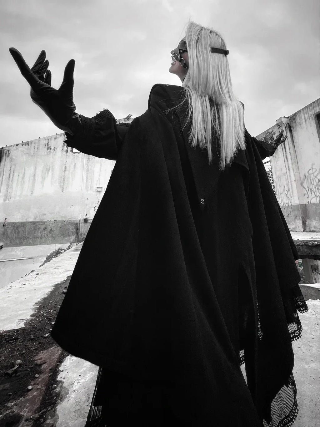 Goth Lolita Cape Coat Black Military Lolita Inspired Cloak with Lace Trim Regal Buttons
