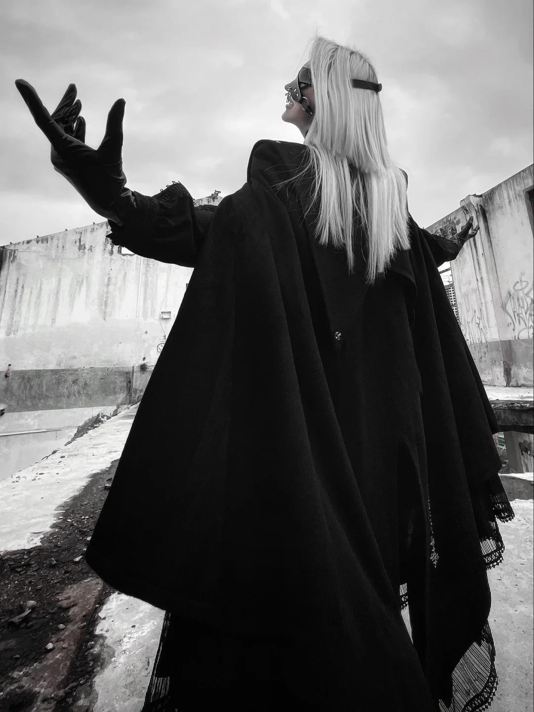 Goth Lolita Cape Coat Black Military Lolita Inspired Cloak with Lace Trim Regal Buttons