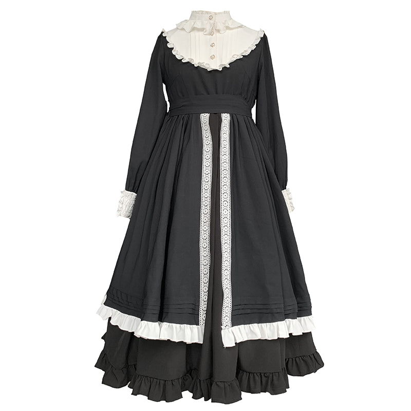 Goth Lolita Classic Style Big Skirt Spring and Autumn Black Lolita Long Sleeve Nun Style OP Gift Fake Collar Lolita Dresses