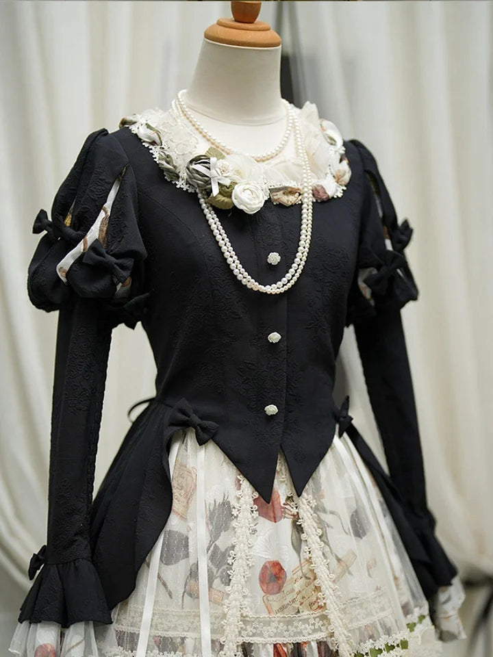 Goth Lolita Classic Vintage Lolita Victorian Lolita Autumn Set Black Velvet Jacket Flower Long Skirt Graduation Ceremony