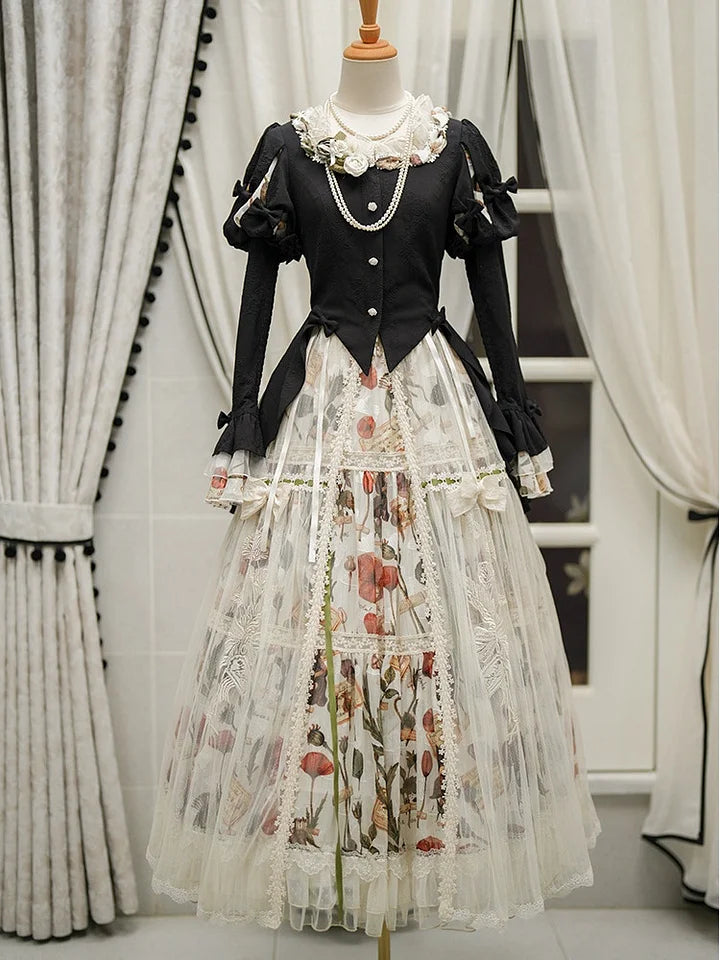 Goth Lolita Classic Vintage Lolita Victorian Lolita Autumn Set Black Velvet Jacket Flower Long Skirt Graduation Ceremony