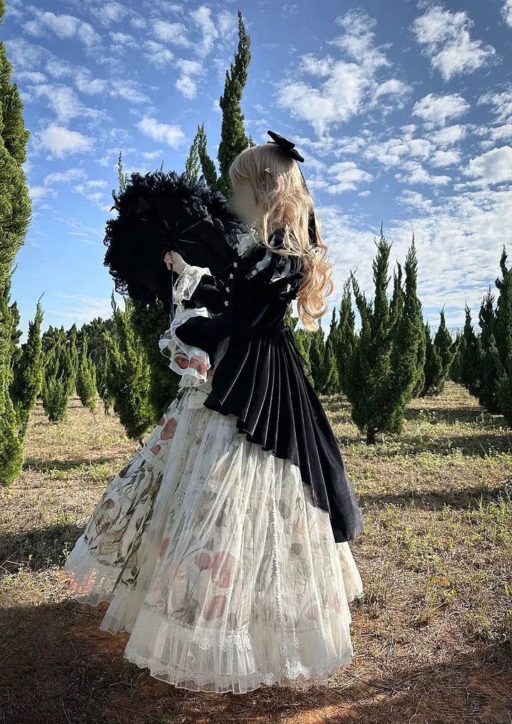 Goth Lolita Classic Vintage Lolita Victorian Lolita Autumn Set Black Velvet Jacket Flower Long Skirt Graduation Ceremony