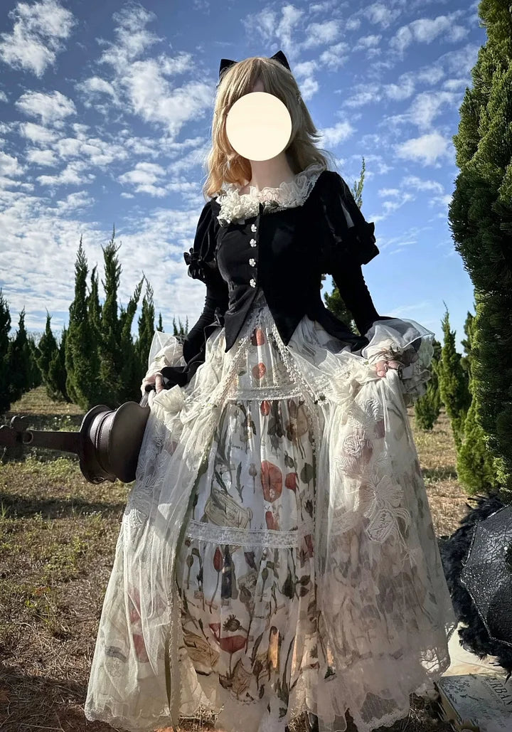 Goth Lolita Classic Vintage Lolita Victorian Lolita Autumn Set Black Velvet Jacket Flower Long Skirt Graduation Ceremony