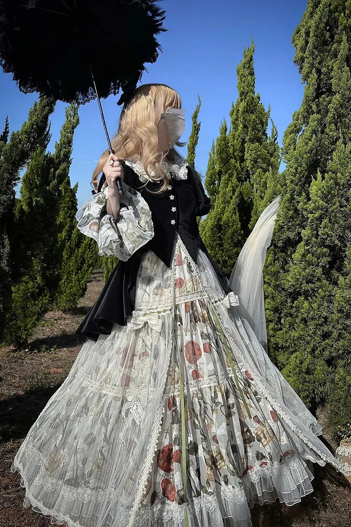 Goth Lolita Classic Vintage Lolita Victorian Lolita Autumn Set Black Velvet Jacket Flower Long Skirt Graduation Ceremony