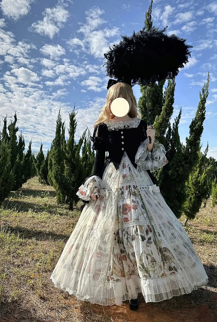 Goth Lolita Classic Vintage Lolita Victorian Lolita Autumn Set Black Velvet Jacket Flower Long Skirt Graduation Ceremony