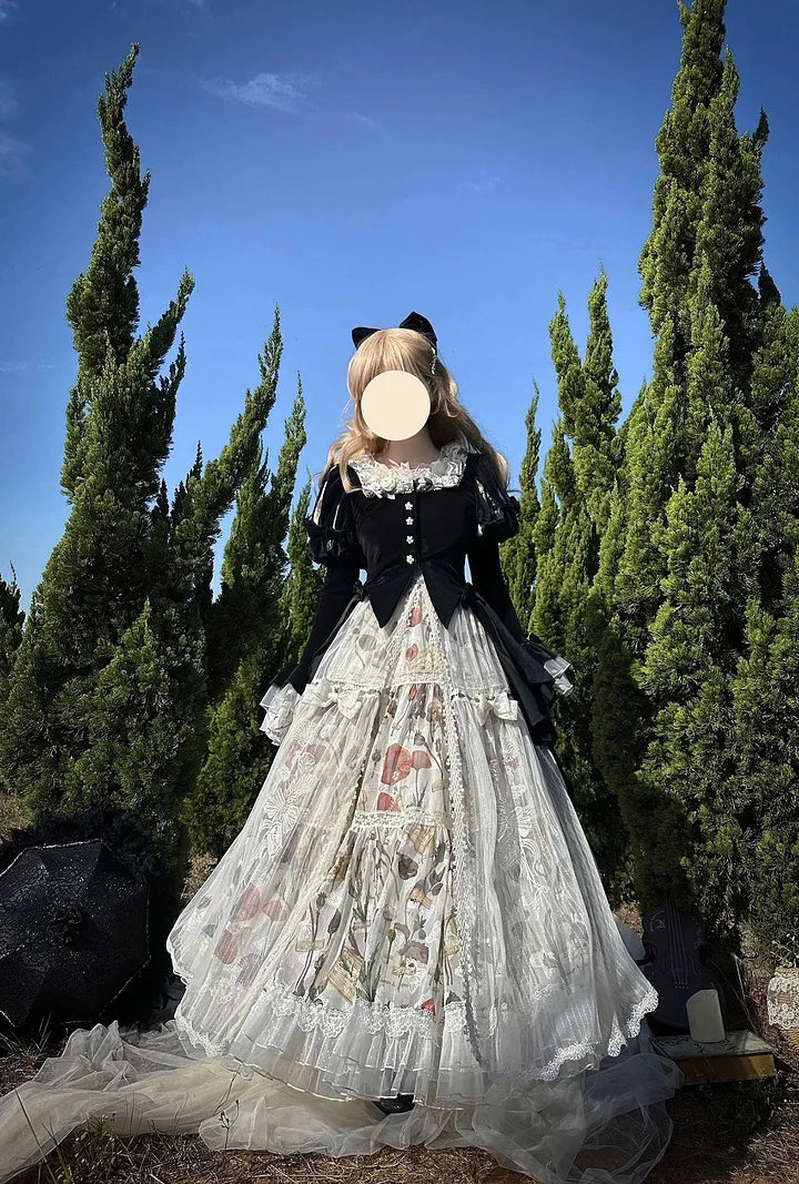 Goth Lolita Classic Vintage Lolita Victorian Lolita Autumn Set Black Velvet Jacket Flower Long Skirt Graduation Ceremony