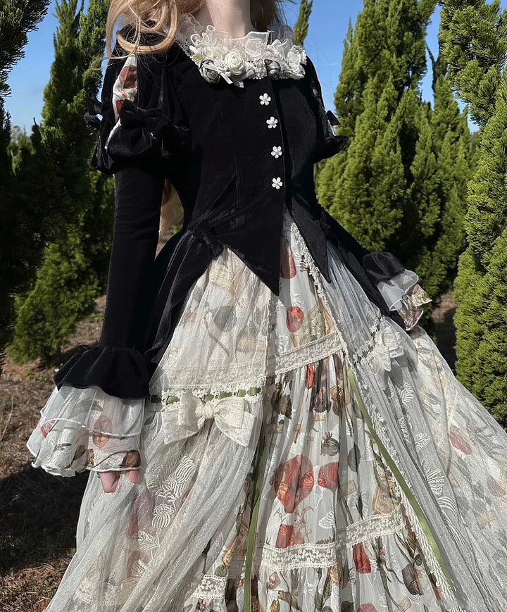 Goth Lolita Classic Vintage Lolita Victorian Lolita Autumn Set Black Velvet Jacket Flower Long Skirt Graduation Ceremony