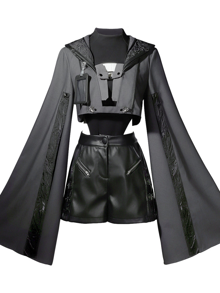 Goth Lolita Cloak Blouse Shorts Set Black Tactical Inspired Ensemble Pants