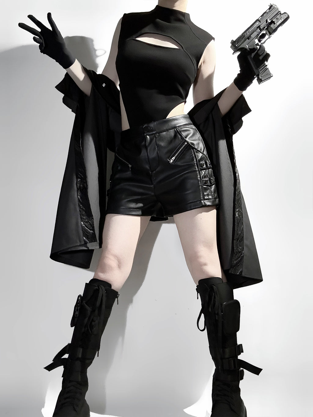 Goth Lolita Cloak Blouse Shorts Set Black Tactical Inspired Ensemble Pants