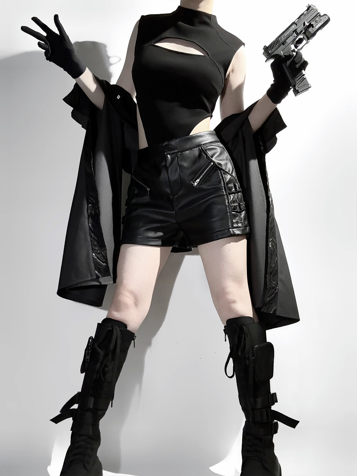 Goth Lolita Cloak Blouse Shorts Set Black Tactical Inspired Ensemble Pants