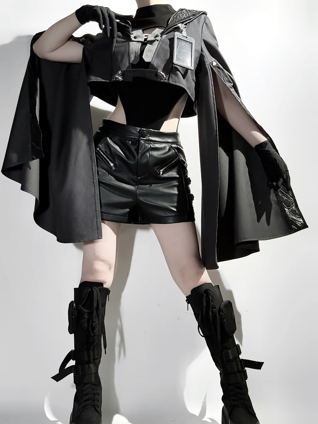 Goth Lolita Cloak Blouse Shorts Set Black Tactical Inspired Ensemble Pants