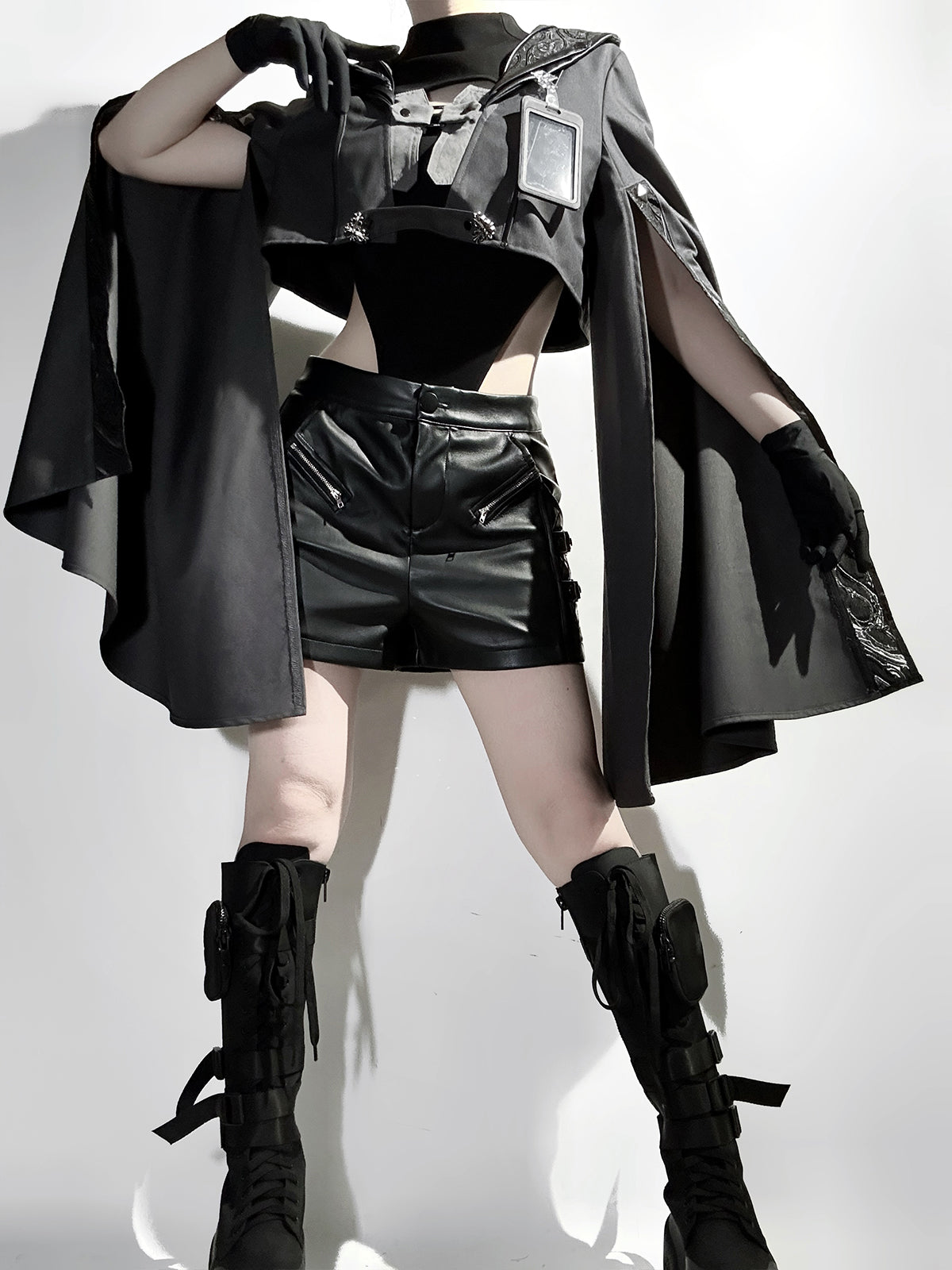Goth Lolita Cloak Blouse Shorts Set Black Tactical Inspired Ensemble Pants