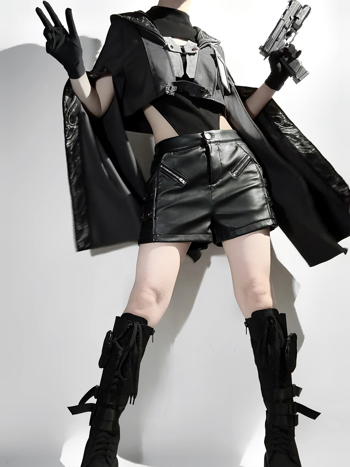 Goth Lolita Cloak Blouse Shorts Set Black Tactical Inspired Ensemble Pants