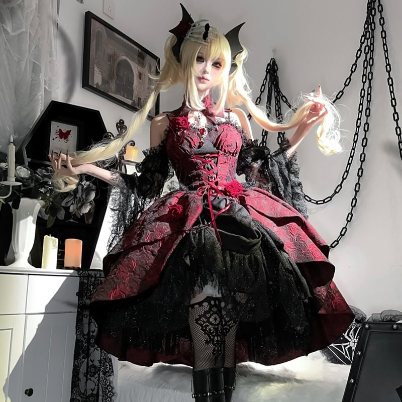 Goth Lolita Court Red Goth Vintage Suspender Skirt Mine Skirt Lolita Dress