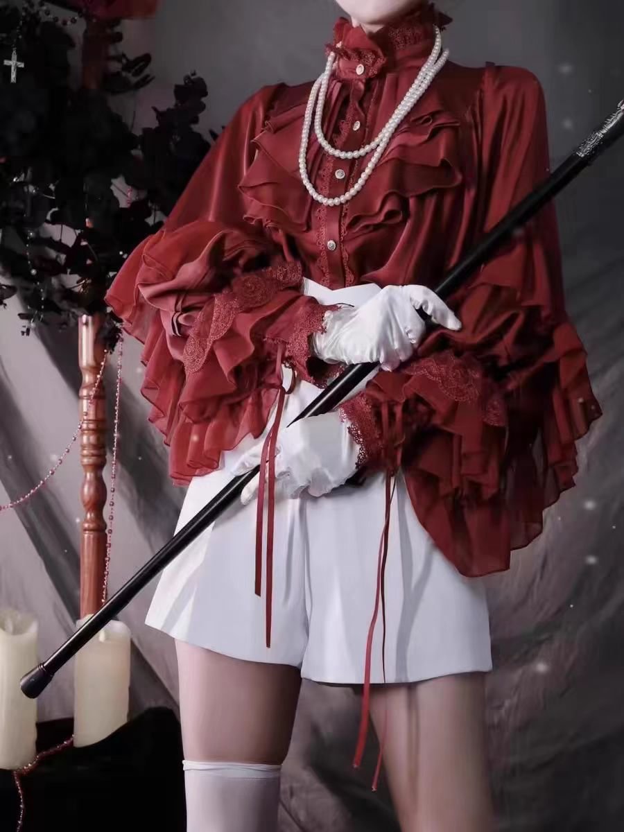 Goth Lolita Dark Gothic Shirt Bat Sleeve Loose Lolita Spring and Autumn Red Black Shirt Blouse