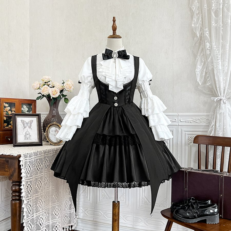 Goth Lolita Dress Girl Magic Dark Black White Wind Daily Dress OP Long Sleeve Strap Skirt Set