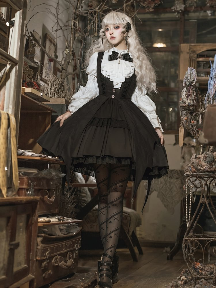 Goth Lolita Dress Girl Magic Dark Black White Wind Daily Dress OP Long Sleeve Strap Skirt Set