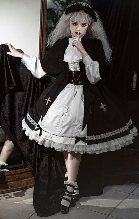 Goth Lolita Dress Holy Academy Prince Lolita Prince Skirt Set Black White Cape Blouse Pants