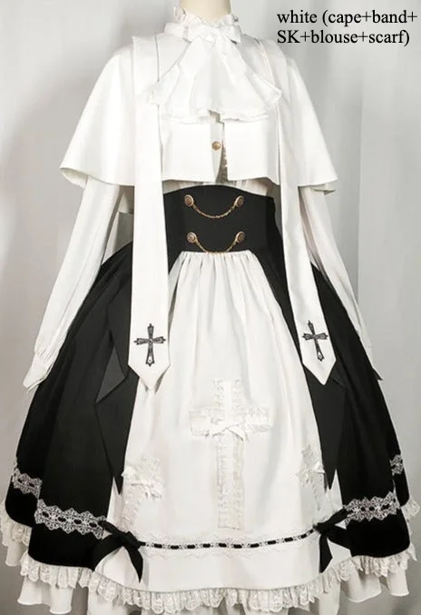 Goth Lolita Dress Holy Academy Prince Lolita Prince Skirt Set Black White Cape Blouse Pants