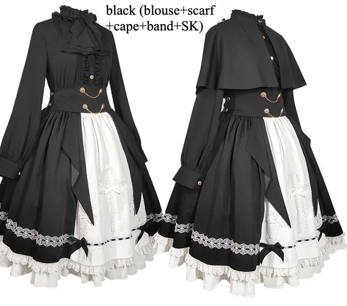 Goth Lolita Dress Holy Academy Prince Lolita Prince Skirt Set Black White Cape Blouse Pants